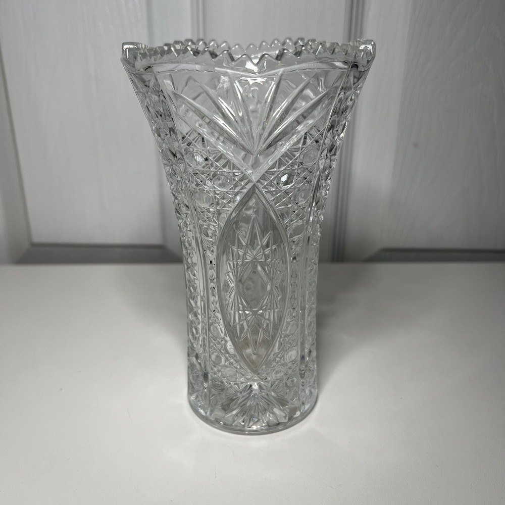 Vintage Bohemian Czech Cut Crystal Glass Large Vase 7" Heavy
